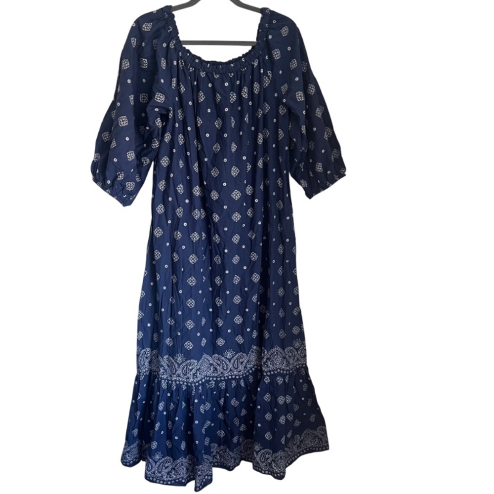 Madison Mathews Printed Cotton Relaxed MuuMuu Maxi Dress Navy Blue Women’s OS